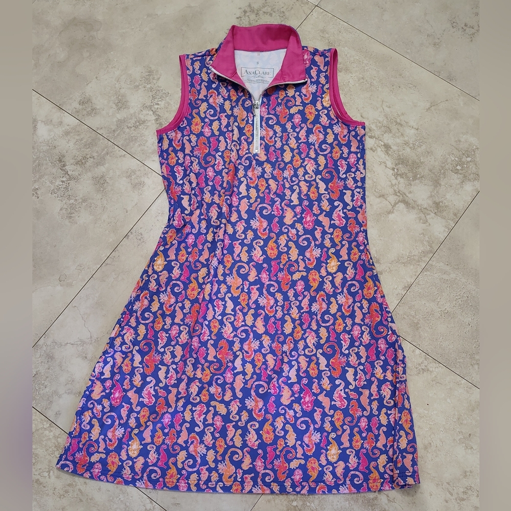NEW Ana Clare Lexi Swing Sleeveless Dress Womens Sz S Purple, Pink Seahorses - Picture 1 of 6